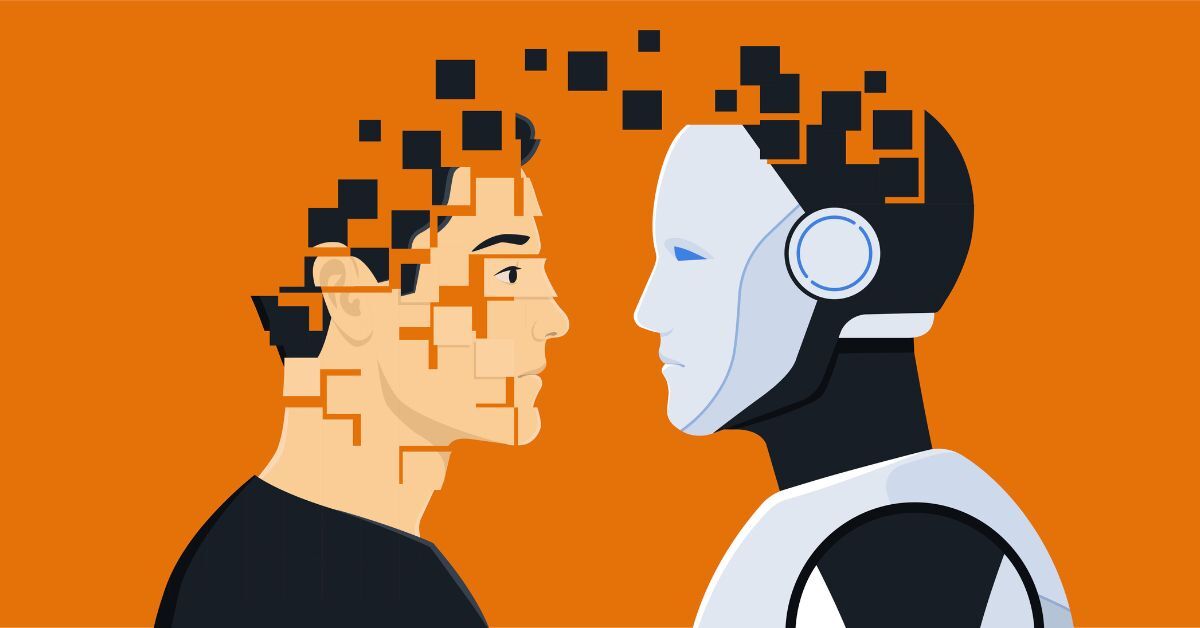 A graphic of a human and robot