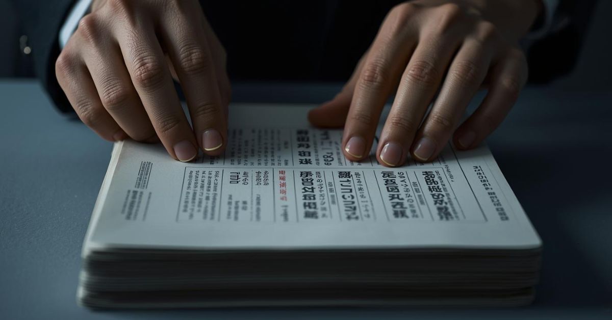 A person's hands on top of foreign documents