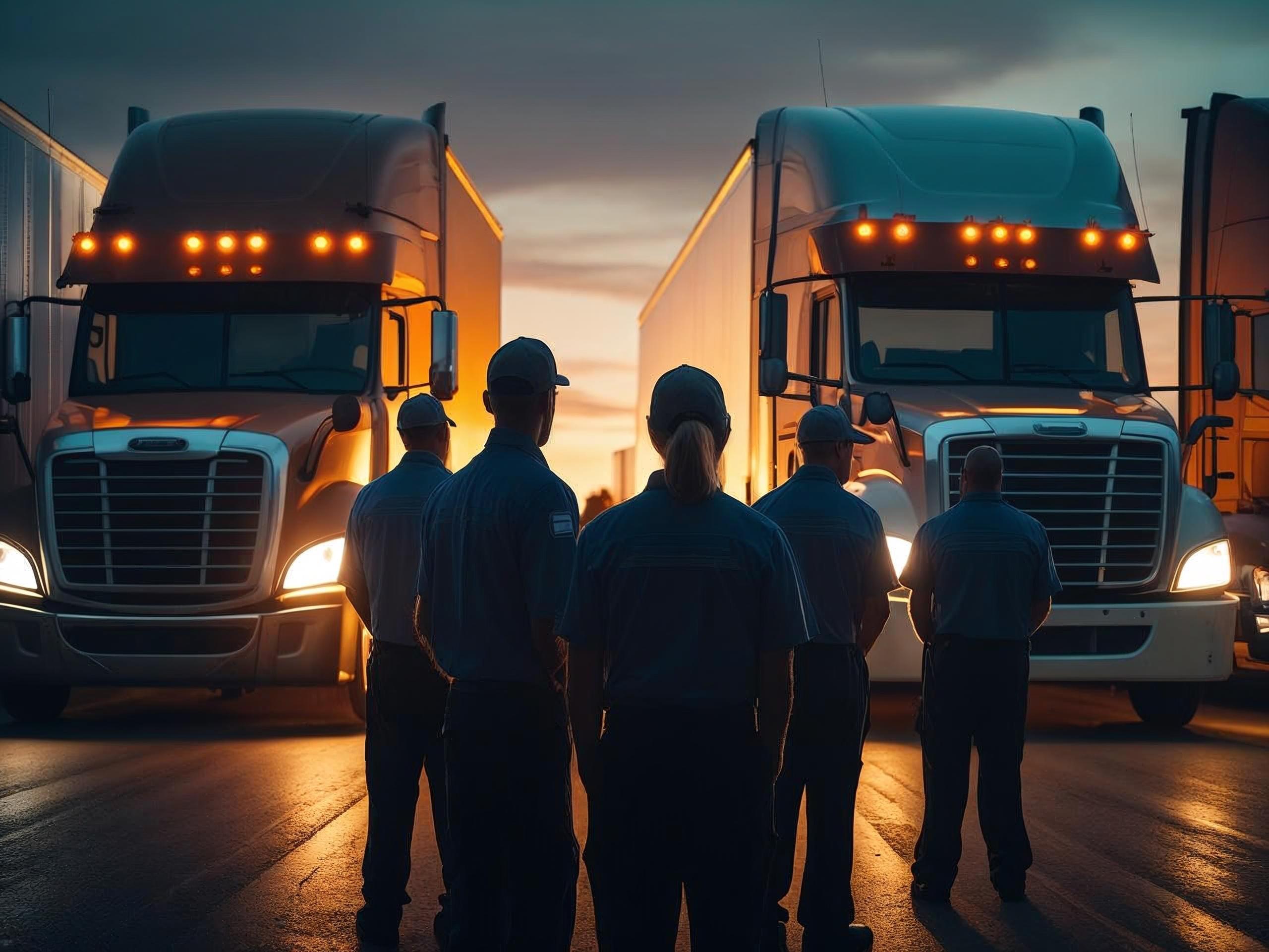 Truck drivers standing in front of trucks.