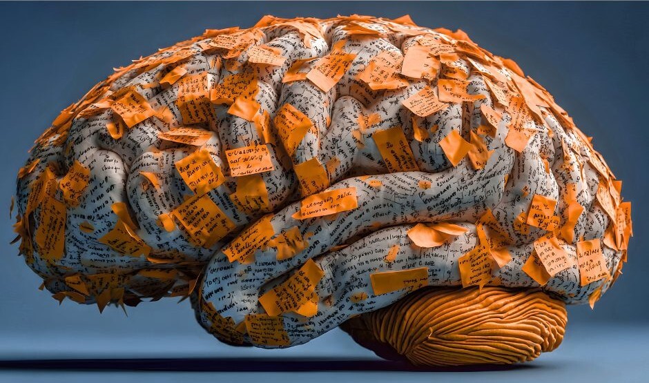 A brain with sticky notes containing words and phrases on it.