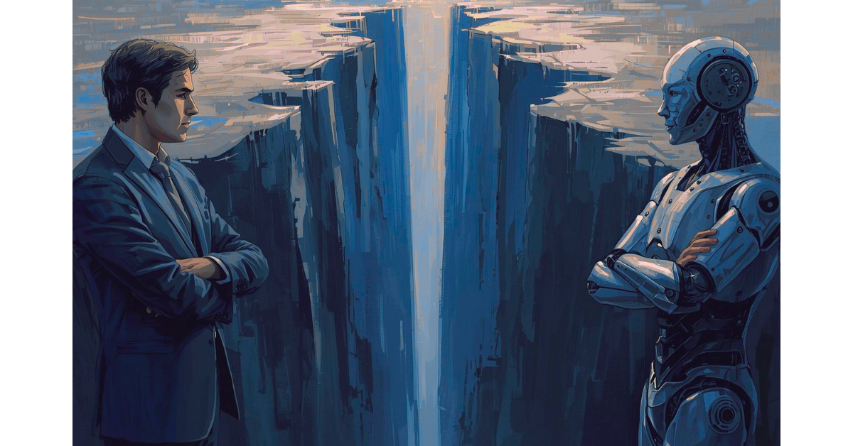 A man and an AI robot standing on either side of a large gap. 