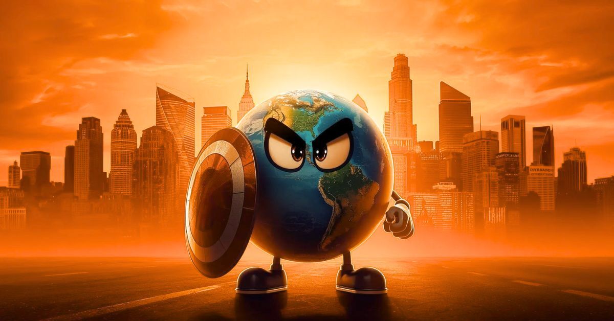 A cartoon globe holding a shield standing in front of businesses
